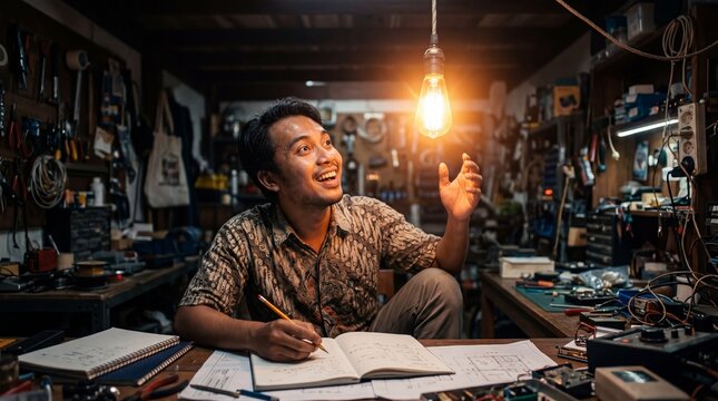 A metaphor of a light bulb switching on representing an aha moment of understanding with a bright orange flash as a man works in his creative workshop.