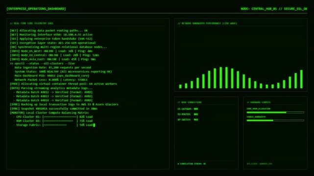 Enterprise Operations Dashboard Real Time Core Telemetry Logs With Network Bandwidth Live Wave Chart Node Connections and Hardware Compute Cluster Animation.