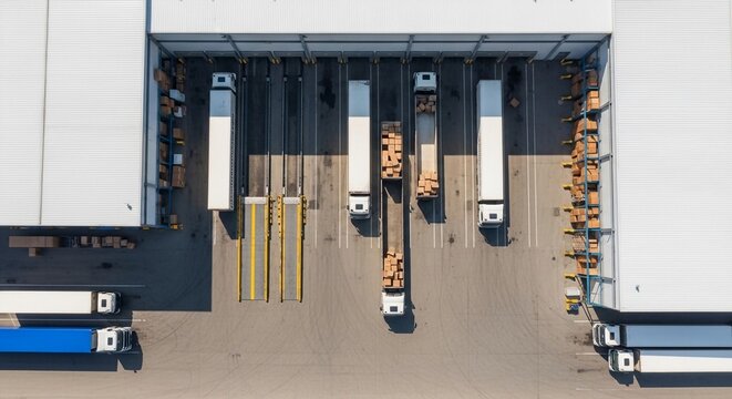 Aerial view of a large-scale logistics warehouse with trucks loading and unloading cargo.