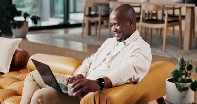 Black man, coffee and remote work in home with laptop, research and proofreading for copywriting. Journalist, beverage and freelancer at house with pc, editing article and email for story publication