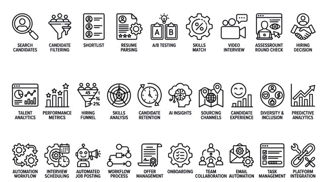 Black and white line icons depicting hr recruitment process and analytics