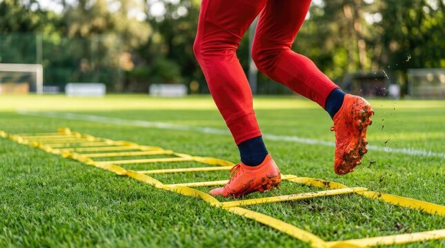 Athlete Training with Agility Ladder on Grass Field