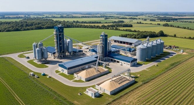 Expansive agricultural processing complex featuring tall silos and industrial buildings amidst rolling green fields and rural landscape, representing large-scale livestock feed production.