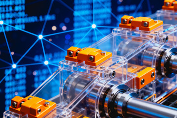 Naklejka premium A transparent industrial mechanical device connected to a digital network, representing smart industrial technology and data integration.