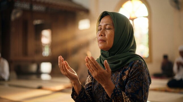 A sincere Indonesian Muslim woman praying with hands raised in supplication in a mosque, a beacon of hope bathed in soft spiritual light and divine sunbeams.