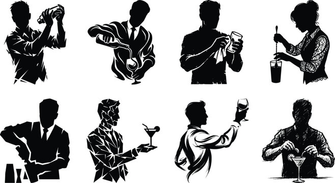 Bartender and mixologist silhouettes vector collection featuring staff shaking cocktails, pouring wine, wiping glasses, and serving drinks