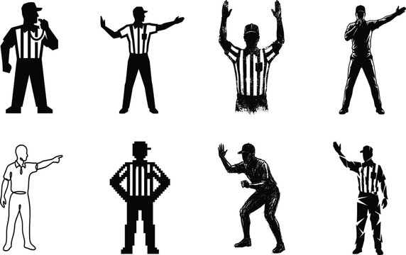 Sports referee and umpire silhouettes set featuring official hand signals blowing whistle gesturing touchdown and pointing direction isolated on white background