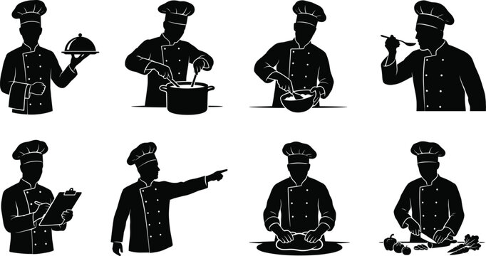 Professional chef silhouettes vector collection featuring cooks holding cloche silver platter, stirring boiling soup pot, kneading dough, and tasting food