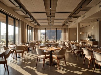 Fototapeta premium Sophisticated Modern Fine Dining Restaurant Interior Featuring Elegant Wooden Chairs and Natural Sunlight at Sunset