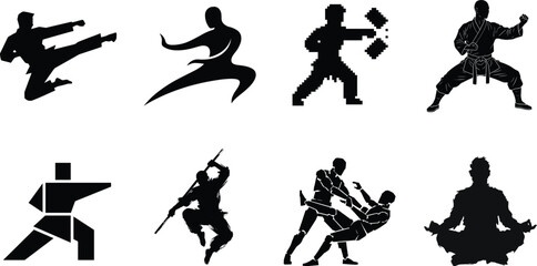 Martial arts fighters silhouette set featuring karate jump kicks, kung fu poses, pixel art fighters, bo staff training, and meditation © MdBabul
