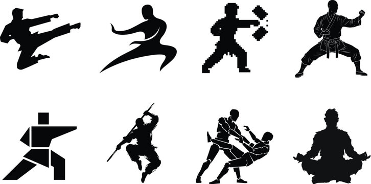 Martial arts fighters silhouette set featuring karate jump kicks, kung fu poses, pixel art fighters, bo staff training, and meditation