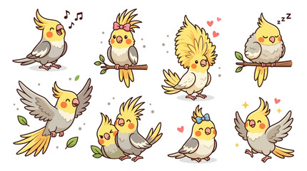 Naklejka premium Cute cockatiel bird character set, 8 hand drawn parrot illustrations in cartoon style, yellow and grey cockatiel stickers for pet lovers