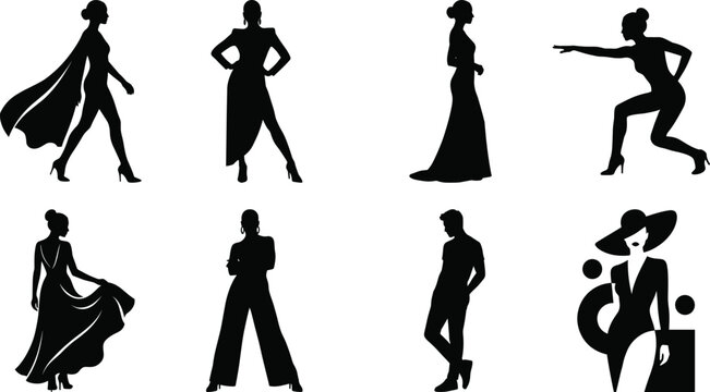 Fashion model silhouettes vector set featuring runway models walking, posing in high fashion dresses, suits, and wide-brimmed hats