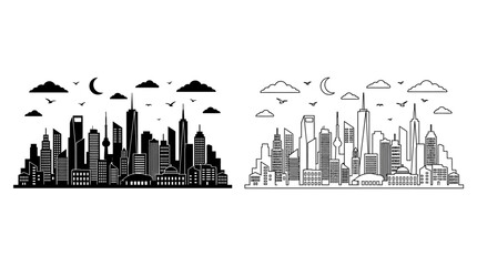 City skyline silhouette with clouds and crescent moon on white background © Fariaislam