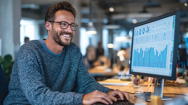 smiling analyst reviewing dashboard, clean office