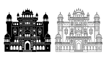 Intricate palace silhouette with detailed architecture black and white vector illustration © Fariaislam
