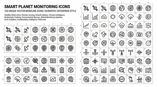 Smart planet monitoring icons with 100 unique vector monoline designs