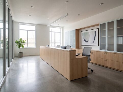 Modern Minimalist Professional Office Reception Area Featuring Light Wood Accents and Polished Concrete Floors in an Airy Workspace