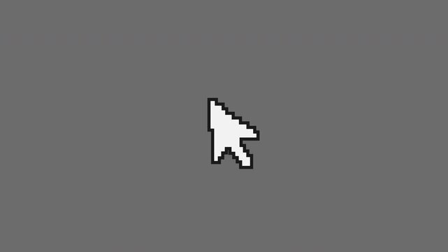 Pixel Mouse Cursor Arrow Seamless Loop - Alpha Channel 4K. 8-bit style white arrow with a sharp black outline moving in a smooth, loopable up-and-down diagonal floating motion.