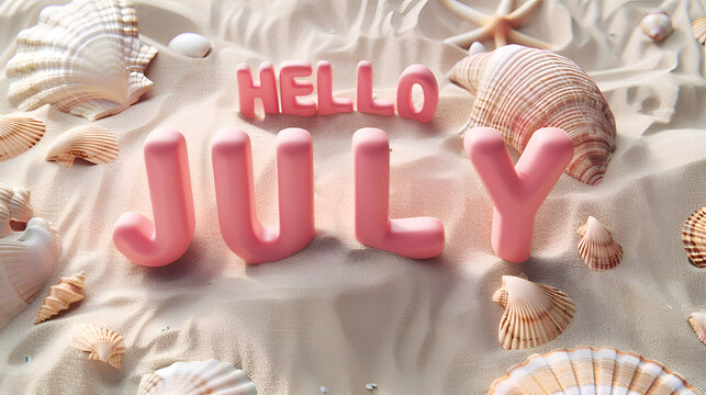 Pink hello july text on sandy beach with seashells