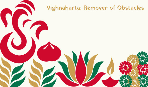 Flat Ganpati banner with sweeping trunk gesture, durva arabesque, vermilion-gold for promo design