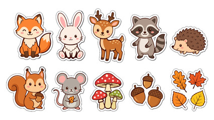 Fototapeta premium Kawaii Woodland Creature Sticker Pack for Nursery Decor, Creative Projects and Children's Nature Activities Vector Collection