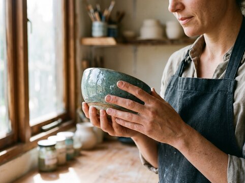 An adult ceramic artist holds a freshly glazed handmade bowl near a workshop window. Wet glaze, clay texture, and hand details create a tactile craft image.