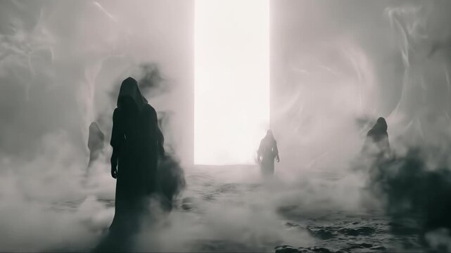 Mysterious Hooded Figures Walking Toward a Bright Glowing Portal
