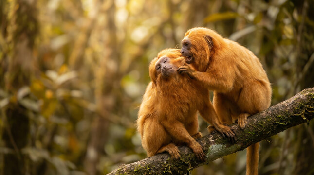 Golden Lion Tamarin Monkey Grooming Another on Tree Branch Sunlight