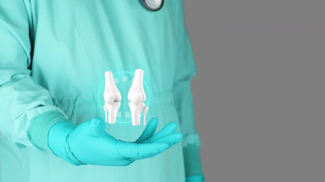 A doctor in a green uniform presents the 3D bone anatomy of the knee. Concept of bone health, femur, tibia, and patella, prevention and awareness of osteoporosis, cartilage wear, and bone density loss