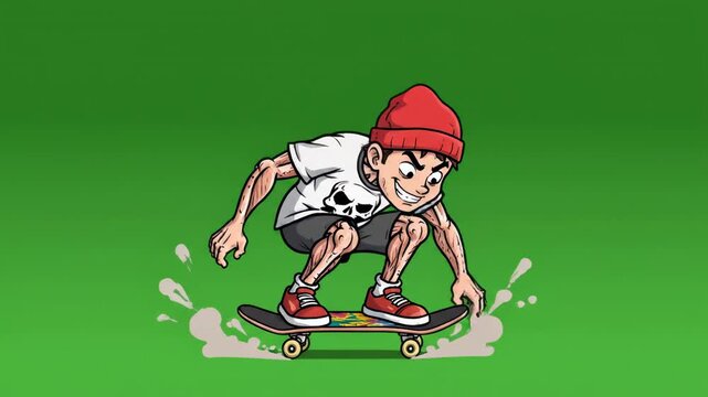 Skateboarder performing aerial flip trick with dynamic motion blur and splash effects on a green background
