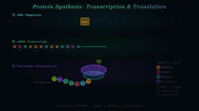 Protein Synthesis Animation Showing Ribosome Translation mRNA to Amino Acid Chain Assembly Process