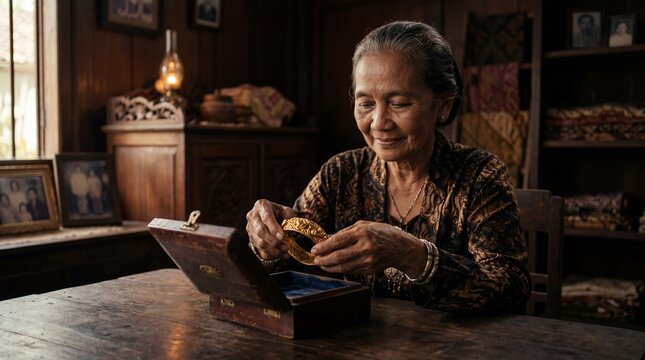 An old Indonesian woman gently placing a cherished family heirloom gold bracelet into a small secure wooden jewelry box in a traditional Javanese vintage home setting.