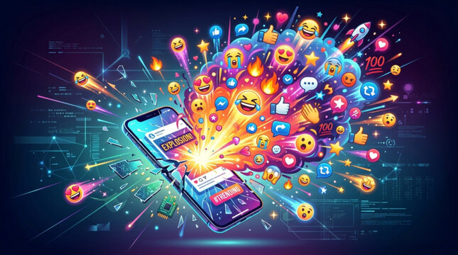Smartphone displays social media explosion with emojis