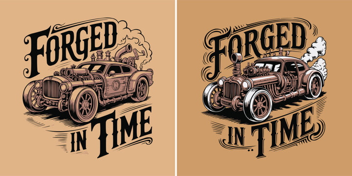 Vintage style illustration featuring a powerful forged in time car