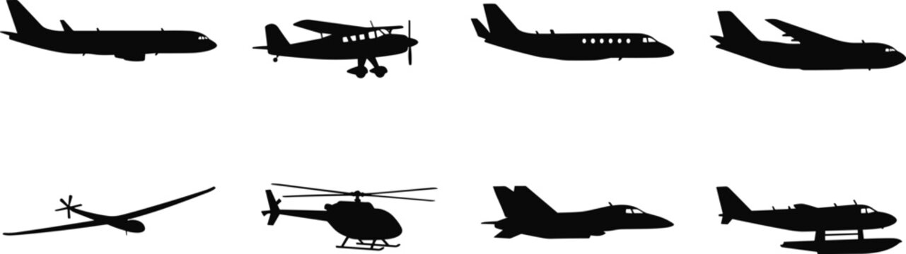 Silhouettes of diverse aircraft including jet airliner, propeller plane, business jet, cargo transport, glider, helicopter, fighter jet, and seaplane