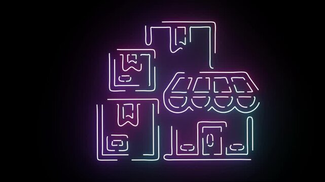 Glowing neon icon of retail store shop front next to stacked delivery cardboard boxes on black background representing modern e-commerce dropshipping and business logistics distribution services