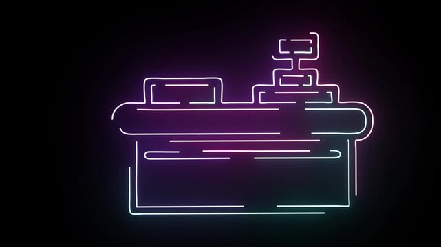 Neon glowing cashier checkout counter icon animation with vibrant purple and cyan light lines flickering on a dark background representing retail sales business and modern digital shopping