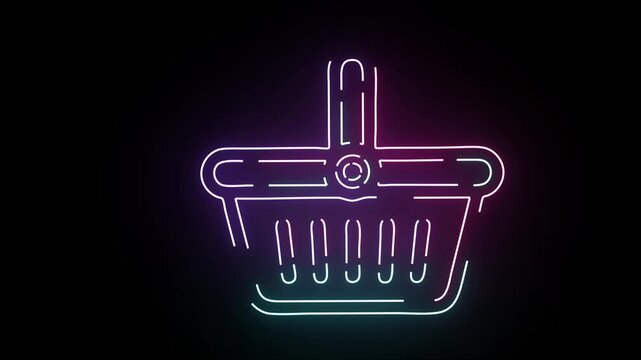 Neon shopping basket icon glowing with vibrant purple and cyan colors in a seamless loop animation on a dark background representing modern digital retail and online e-commerce supermarket purchases