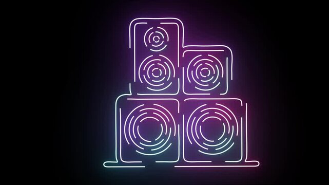 Glowing neon speaker stack animation with purple and blue light lines on a dark black background ideal for music events concert visuals DJ stages nightclub promos and creative audio designs