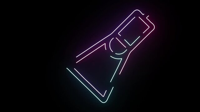 Animated neon flashlight icon glowing in purple and cyan colors on a black background representing search exploration and bright illumination in a creative retro synthwave loop graphic design