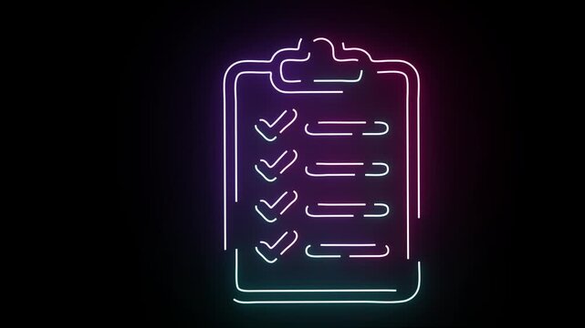 Glowing neon clipboard checklist line art animation on a dark background featuring cyan and purple colors for corporate business tasks productivity organization plans to-do lists and achievements