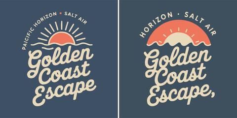 Obraz premium Vintage style golden coast escape graphic logo with sunset illustration
