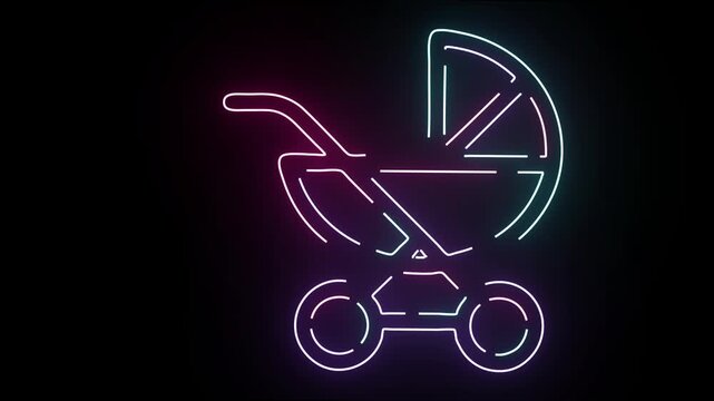 A vibrant glowing neon baby stroller outline animation sequence featuring smooth shifting colorful light paths on a solid black background perfect for modern parenting and infant care motion graphics