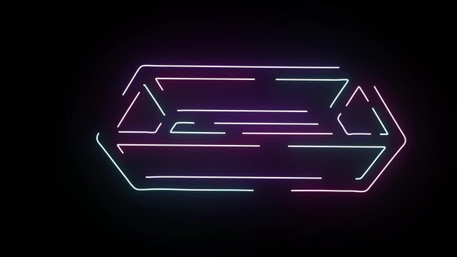 Futuristic glowing neon abstract geometric rectangular prism with pink and cyan dashed lines animating on a deep black background ideal for synthwave cyberpunk retro motion graphics designs