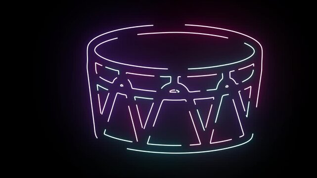 Glowing neon drum symbol animation featuring vibrant cyan and magenta light lines shifting colors on a pitch black background representing musical beats percussion and retro concert styling