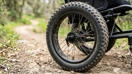 Naklejka premium Offroad wheelchair wheel on a dirt path