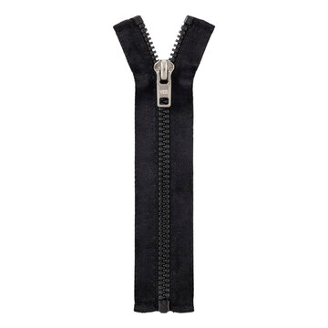 Closed black plastic zipper with metallic puller isolated on transparent background