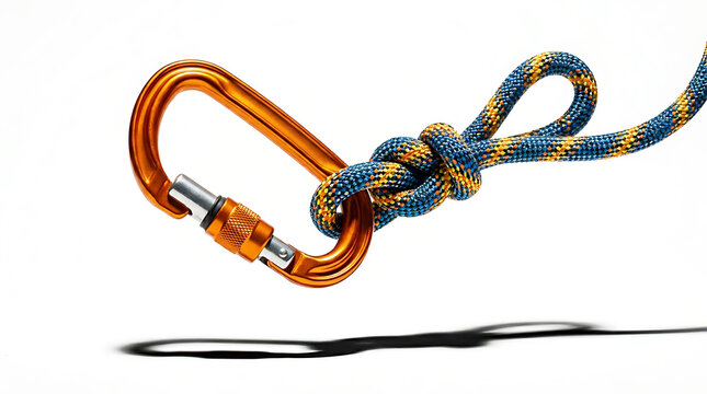 Orange carabiner with knotted rope on white