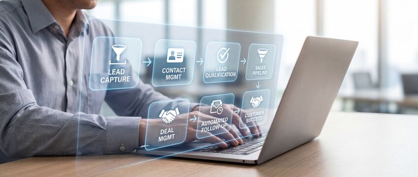 Business professional using laptop with glowing holographic interface displaying sales funnel stages from lead capture to customer success illustrating crm and digital marketing strategy for growth